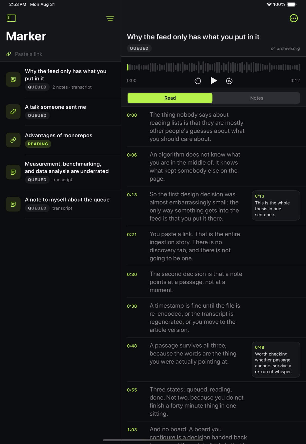 Marker on iPad: the queue on the left, an open item with its transcript on the right.