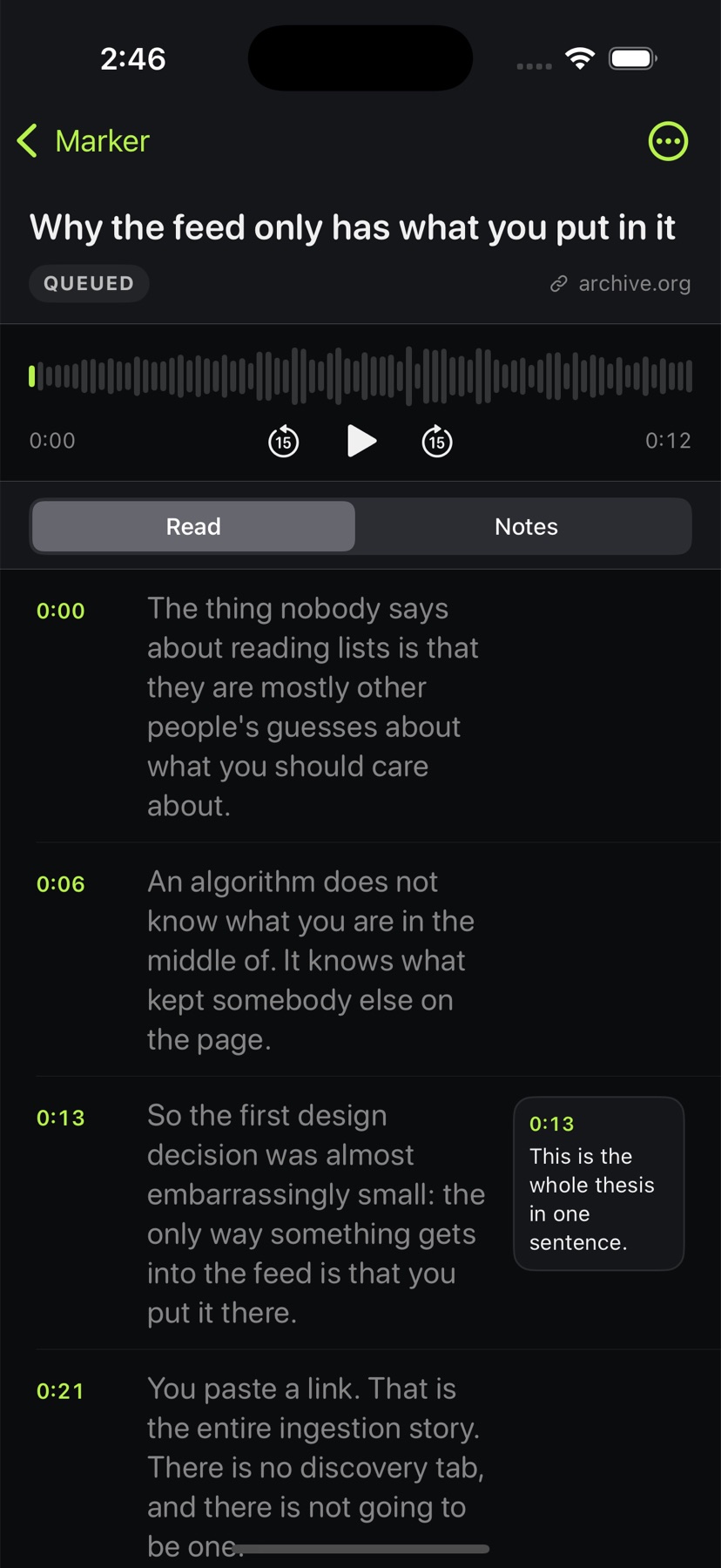Marker on iPhone: a transcript with a note card in the margin.